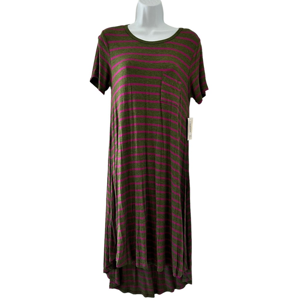 Lularoe Short Sleeve Carly Forest Green Magenta Striped Dress Size XS NWT